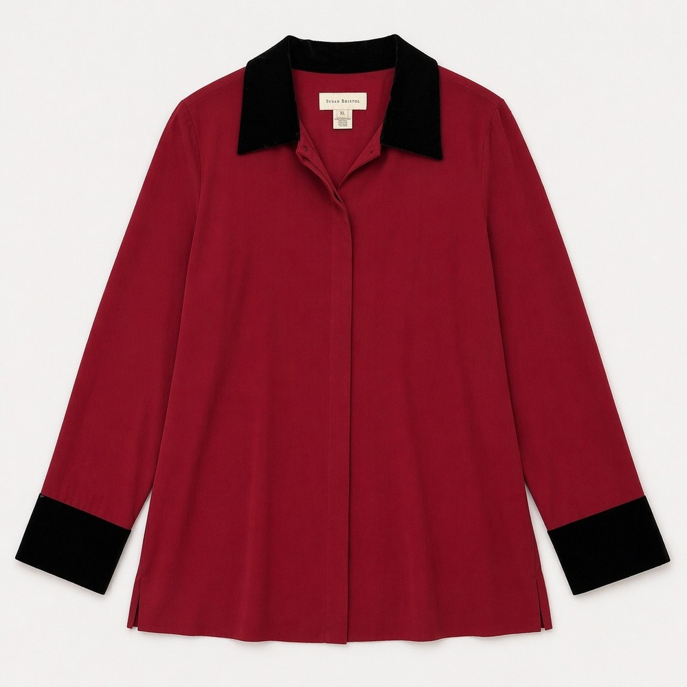 Vtg Burgundy Button Down Blouse Black Velvet Collar Cuffs Susan Bristol XL